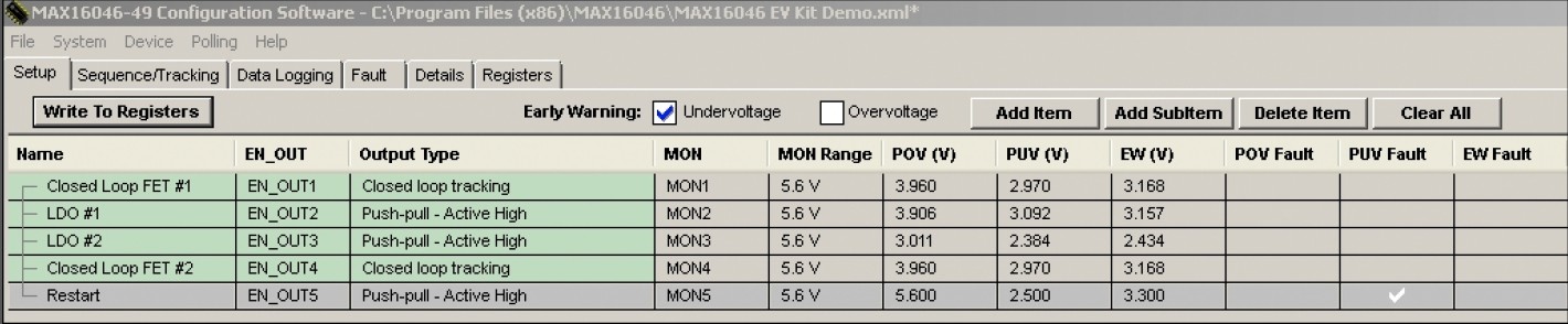 图2. MAX16046EVKIT设置表，GUI显示了MON5欠压被置为关键故障