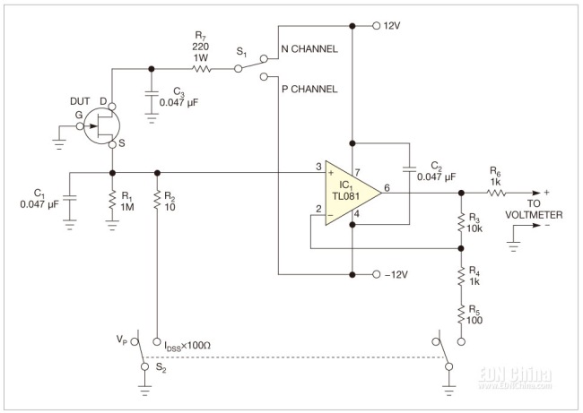 图2,在DUT源极电阻R1和R2之间做选择，可以测量出截止电压和零漂漏极电流