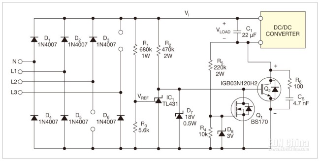 图1,三相整流器使用了一只开关IGBT和一只电容，将电压降低到标准离线dc/dc转换器范围内。