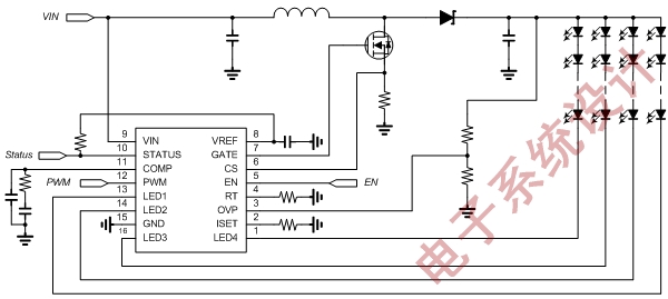 图二： LED Backlight拓扑架构：Boost Converter +Internal MOSFET Current Balance