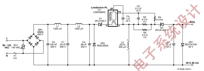 图6:使用LNK458KG 设计的4.5 W降压-升压电源。