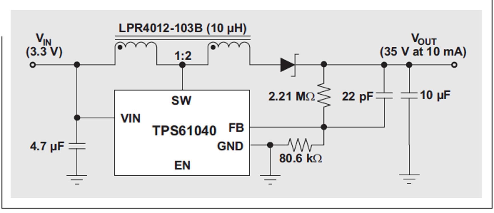 图 4 具有更大输出电压范围的 TI TPS61040 和 Coilcraft LPR4012-103B