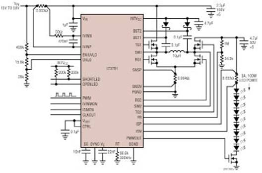 LT3791效率98.5% 100W（33.3V3A）升-降压LED驱动电路图