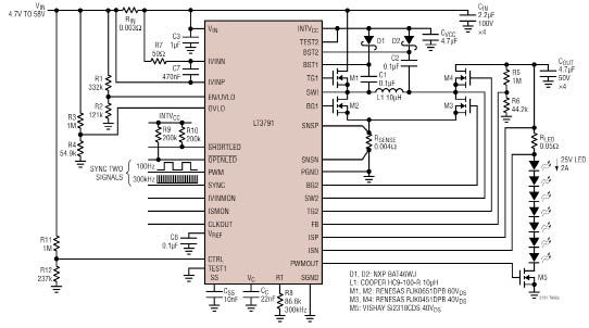 LT3791效率98% 50W（25V2A）升-降压LED驱动电路图