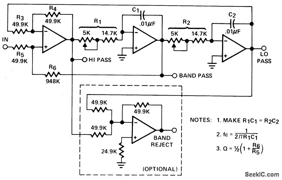 二阶状态变量滤波器（1kHz，Q=10）