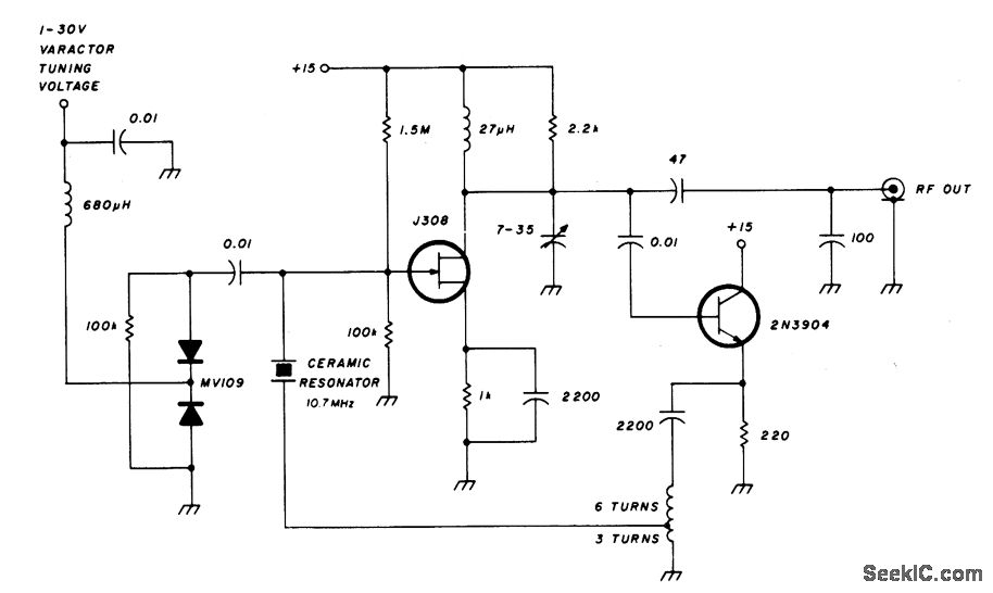 变容二极管—调谐10MHz陶瓷谐振振荡器电路