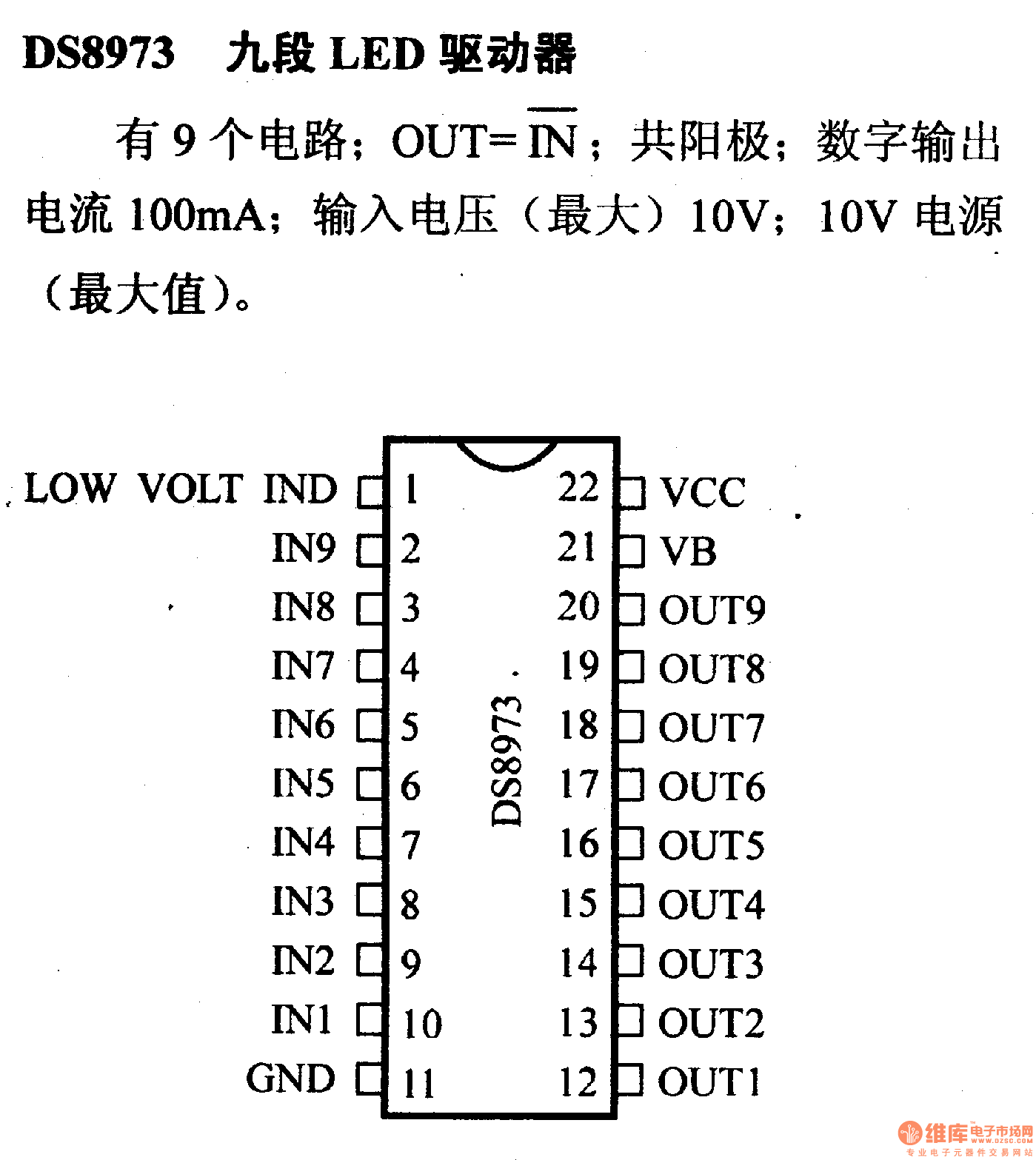 驱动器和通信电路引脚及主要特性DS8973 九段LED驱动器