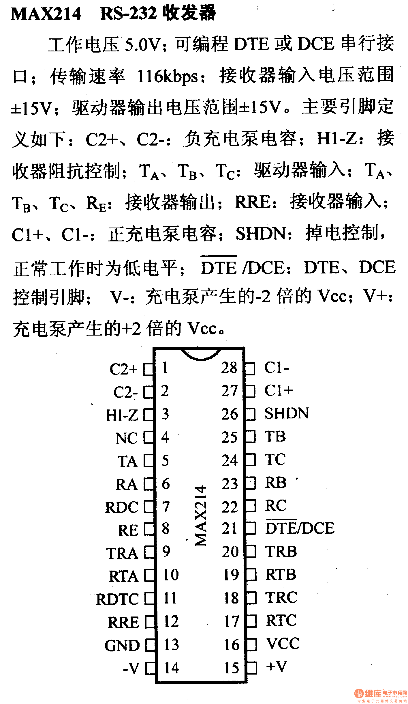 驱动器和通信电路引脚及主要特性MAX214 RS-232收发器
