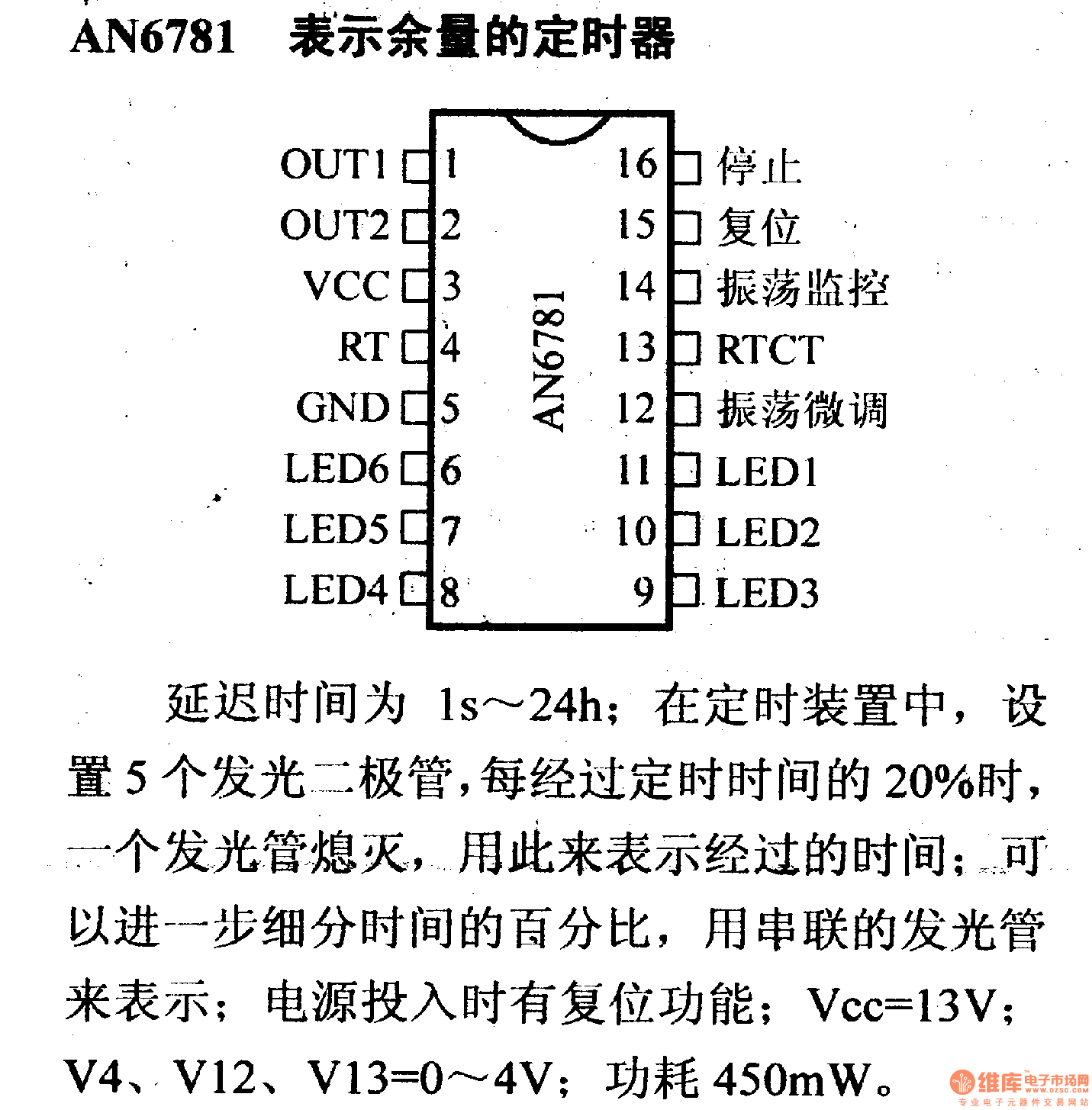 电路引脚及主要特性AN6781 表示余量的定时器