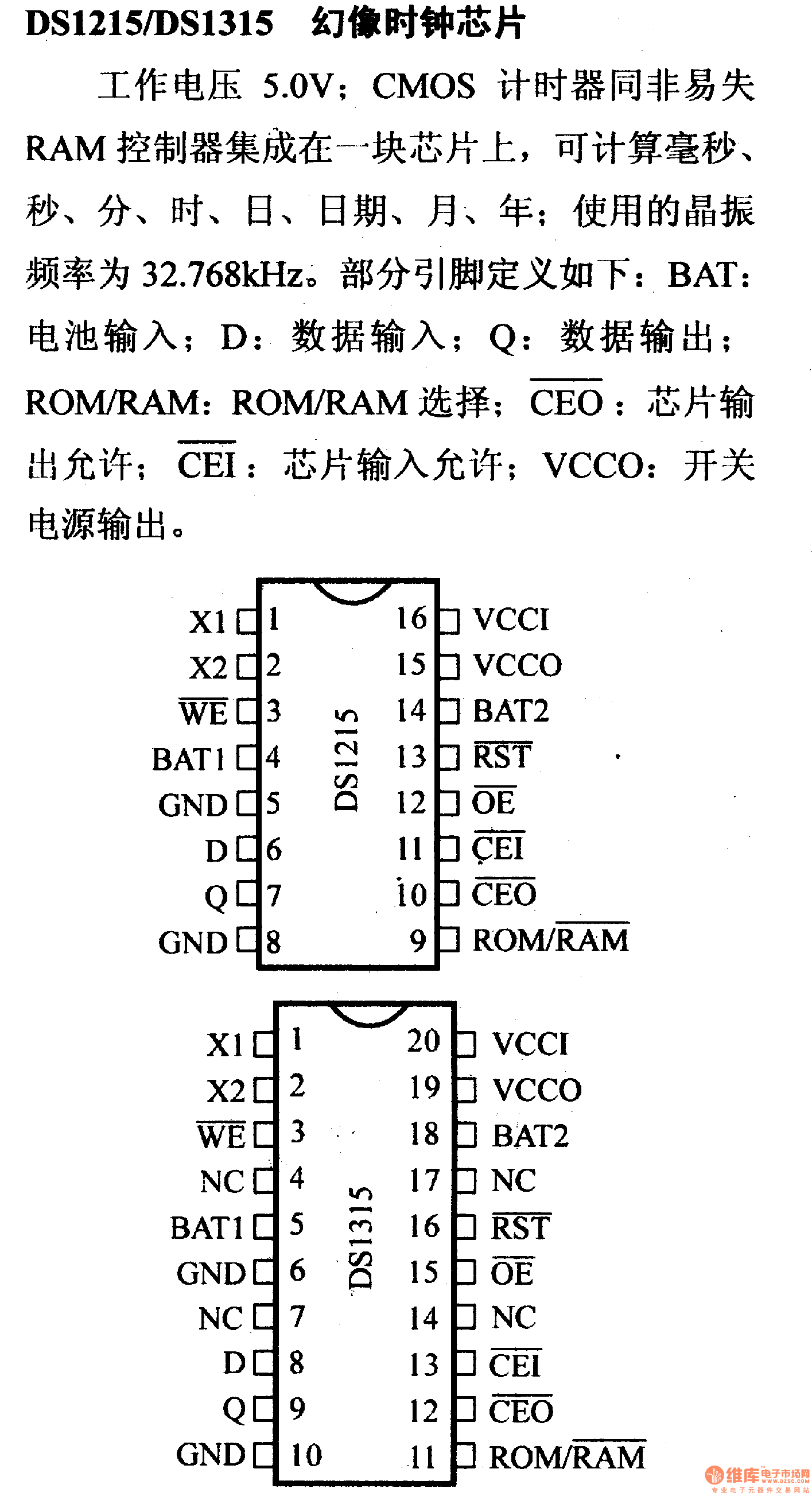 电路引脚及主要特性DS1215/DS1315 幻想时钟芯片