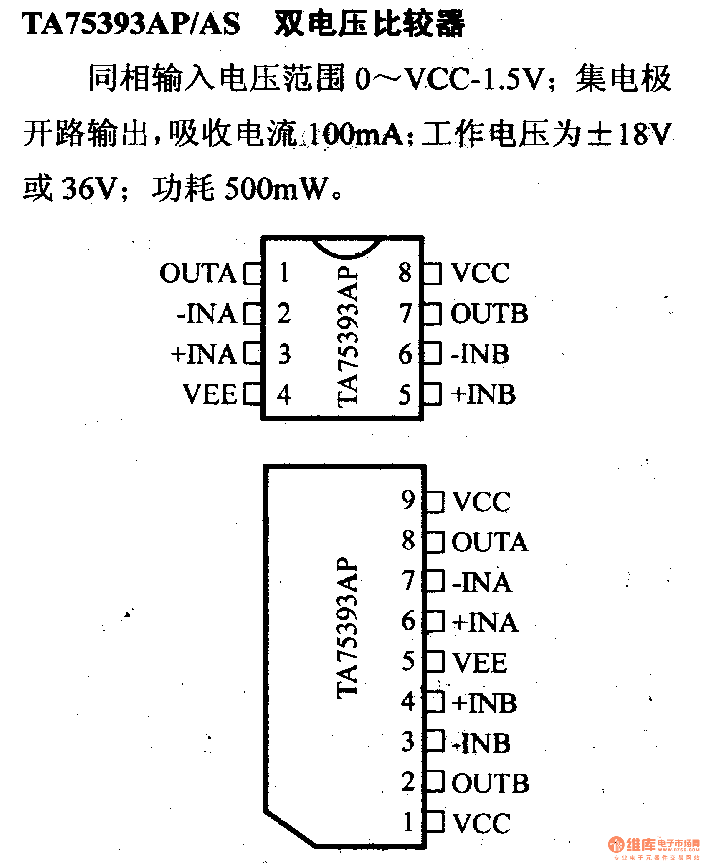 电路引脚及主要特性TA75393AP/AS 双电压比较器