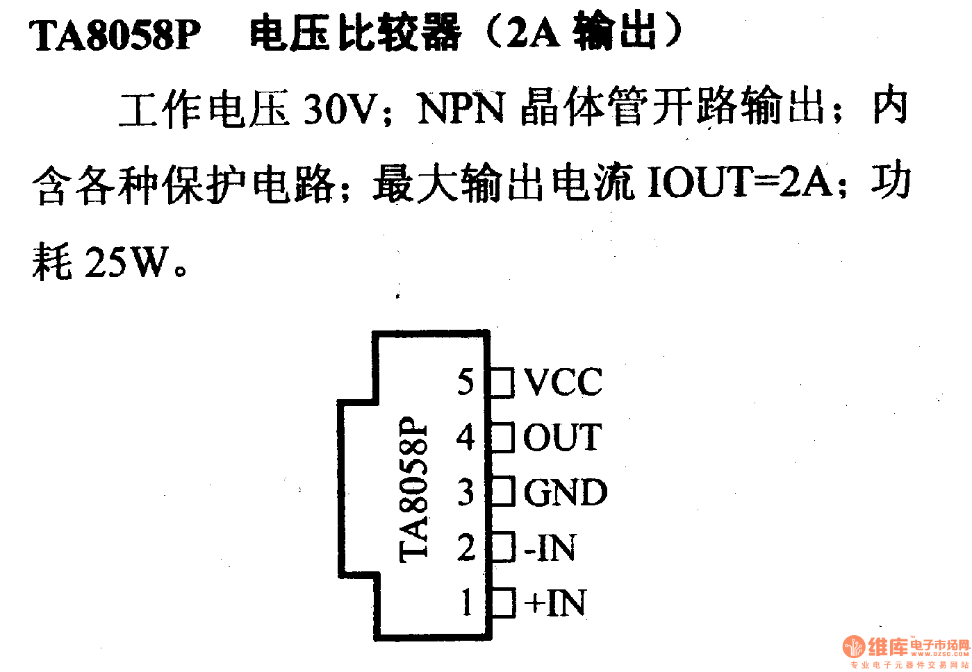 电路引脚及主要特性TA8058P 电压比较器(2A输出)