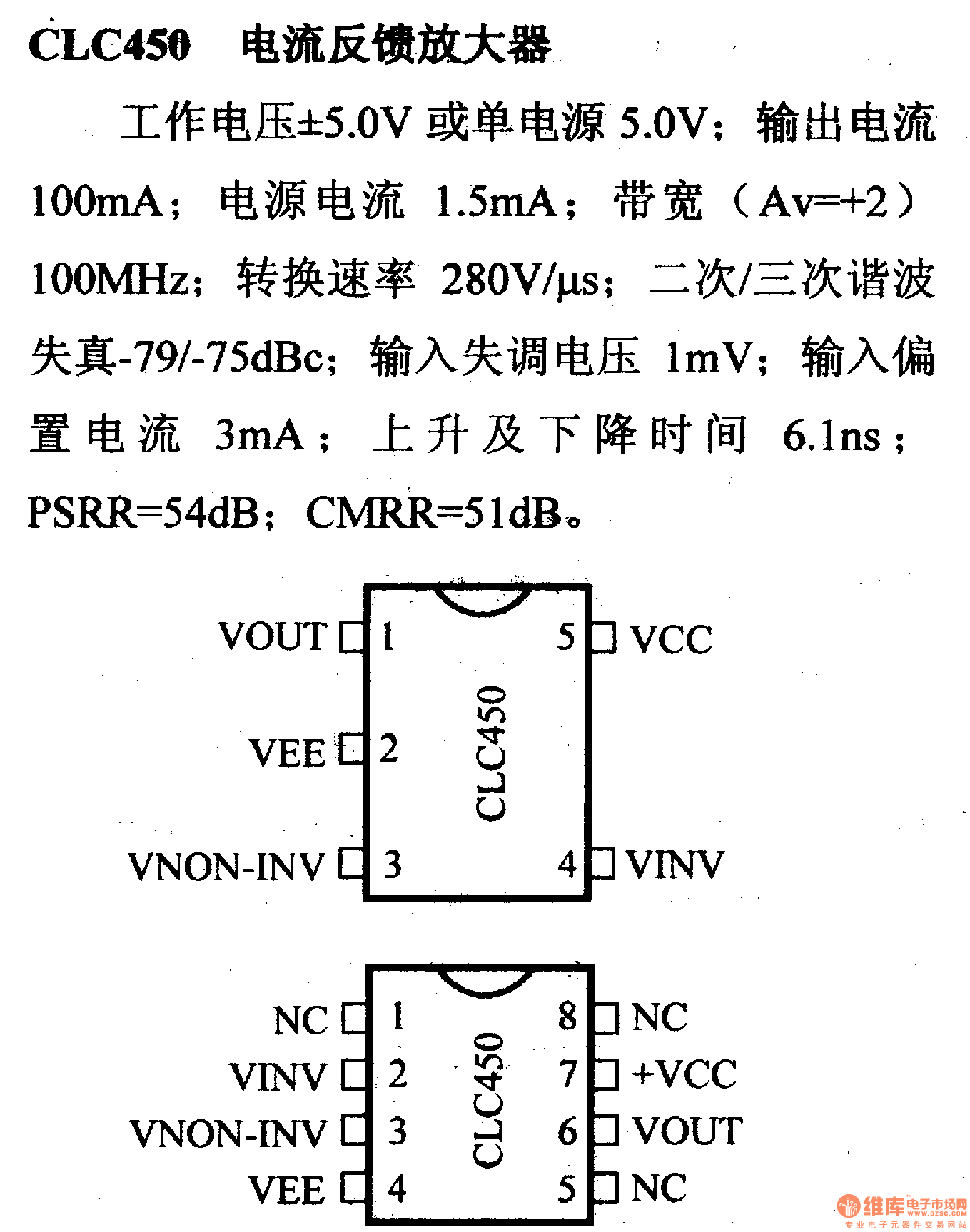 放大器引脚信主要特性 CLC450  电流反馈放大器