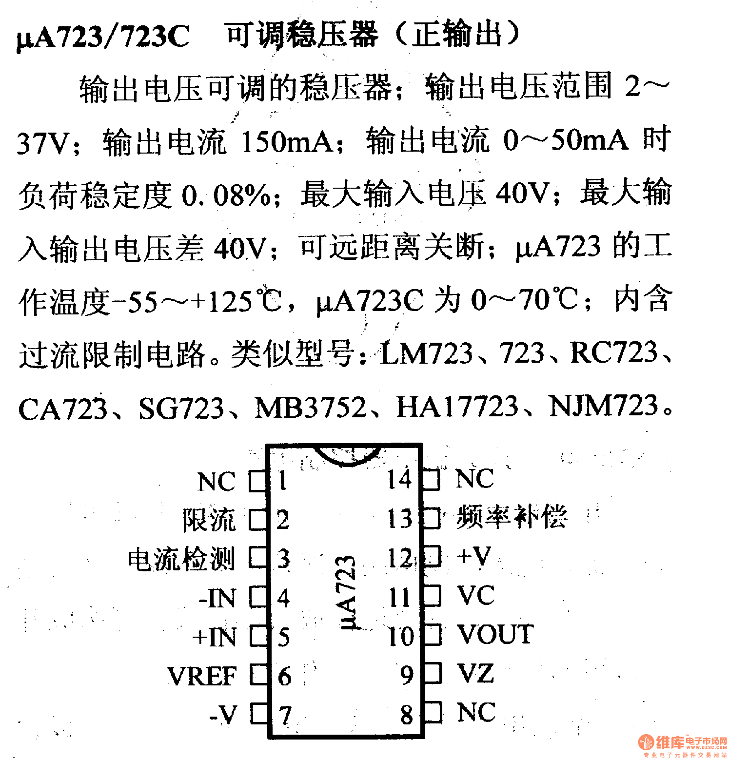 调压器.DC-DC电路和电源监视器引脚及主要特性 μA723/723C 稳压器系列