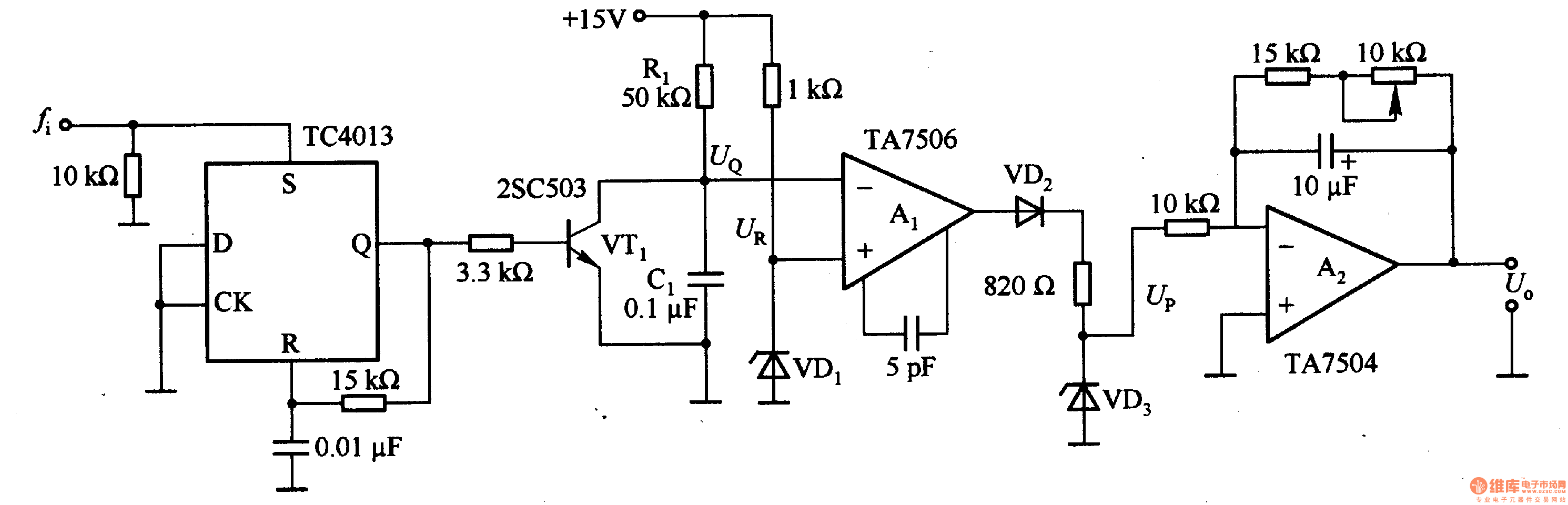 1-15    由TC4013等构成的频率/电压转换电路
