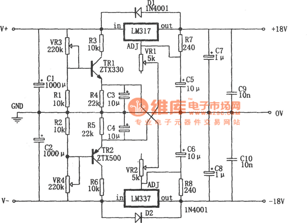 LM317构成的0～±30V、1.5A电源