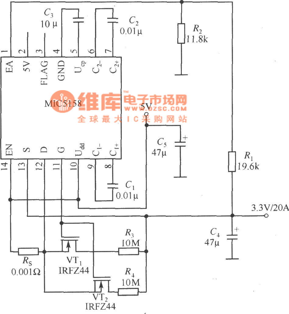 多个MOSFET管直接并联构成的大电流输出线性稳压器电路(MIC5158)