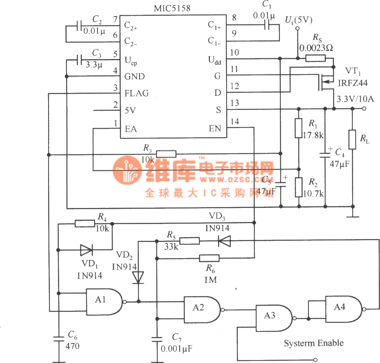 MIC5158构成的外围电路简单的5V输入、3.3V／10A输出的线性稳压器电路 2007-7-3