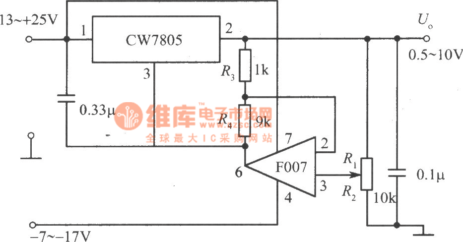 由CW7800和F007构成的输出电压可下调到0.5V的集成稳压电源电路