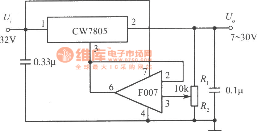 由CW7800和F007构成的7～30V的可调输出集成稳压电源电路