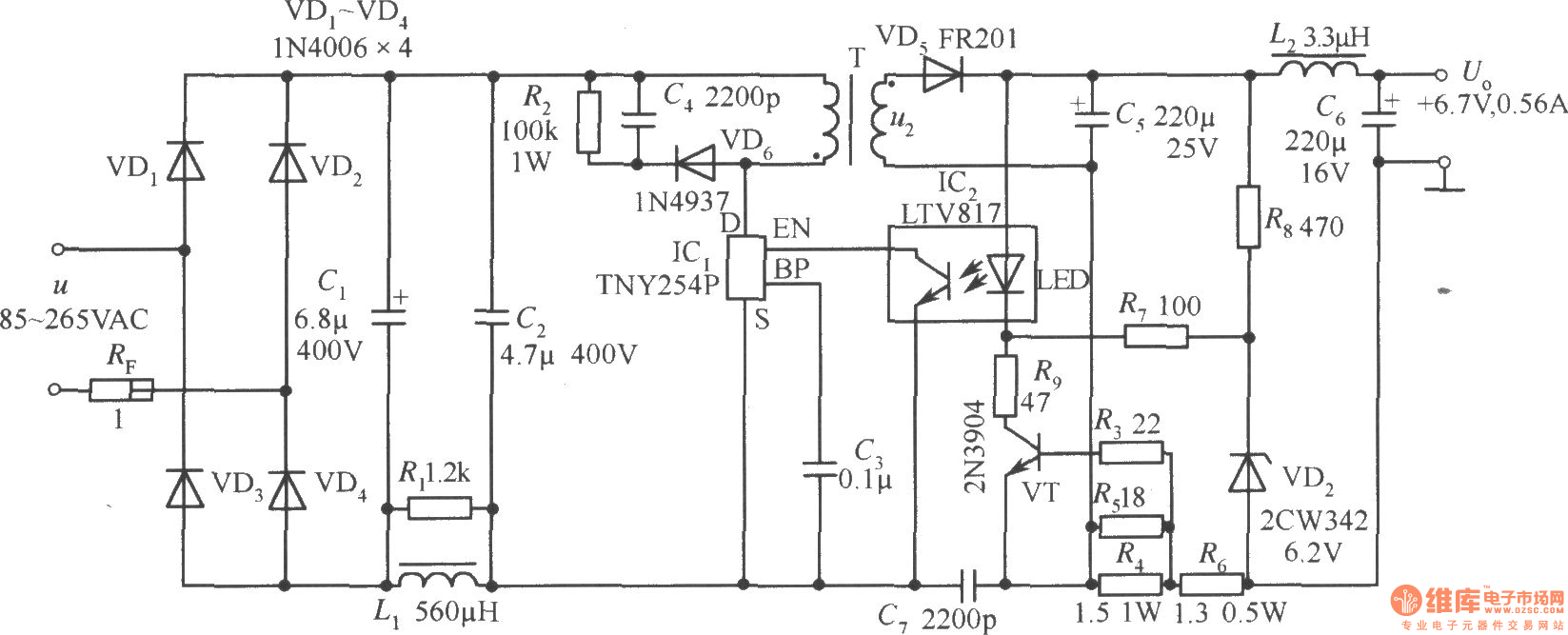 TNY254P构成的+6.7V、0.56A手机电池恒流充电器电路