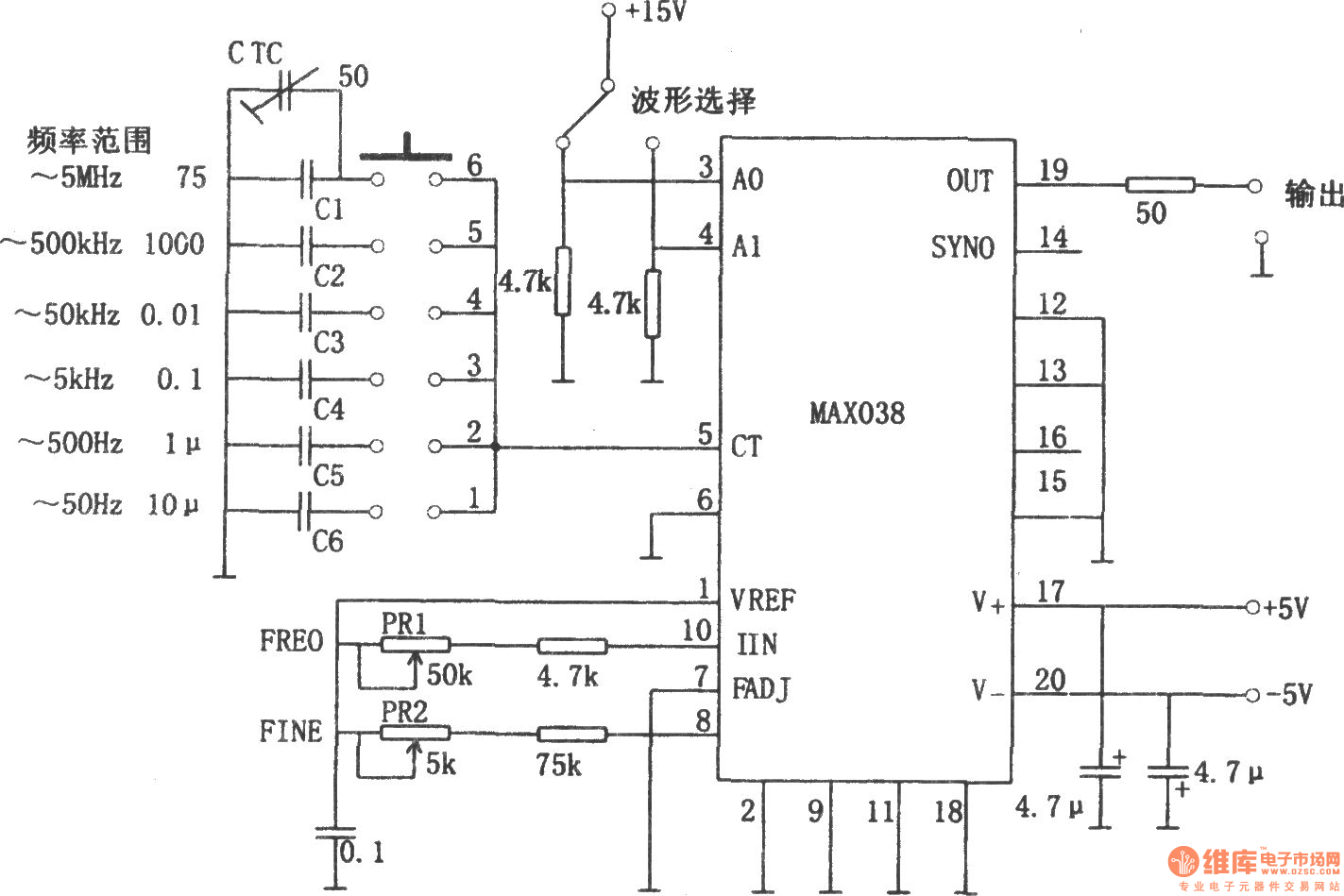 MAX038构成的5Hz～5MHz函数发生器