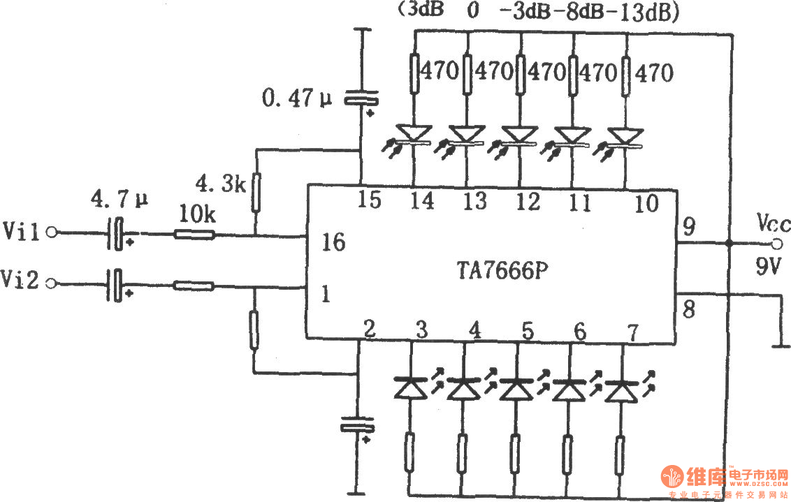 TA7666P双路五位LED电平显示驱动电路