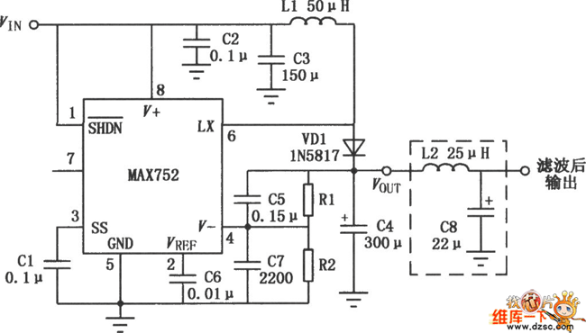 MAX752升压开关型DC-DC变换器的典型应用电路图