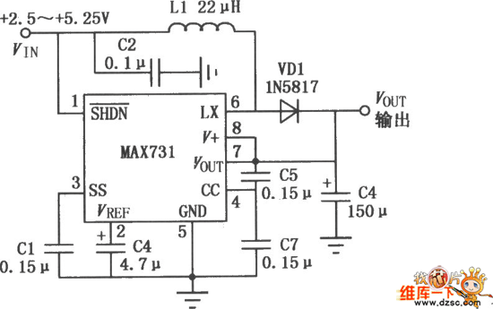 MAX731开关控制型DC-DC升压变换器电路图