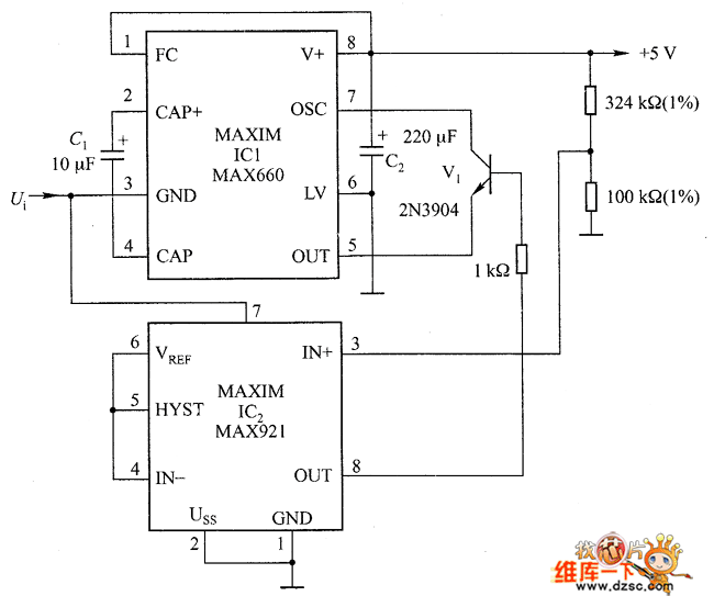 两片IC组成的电容充电泵电路图