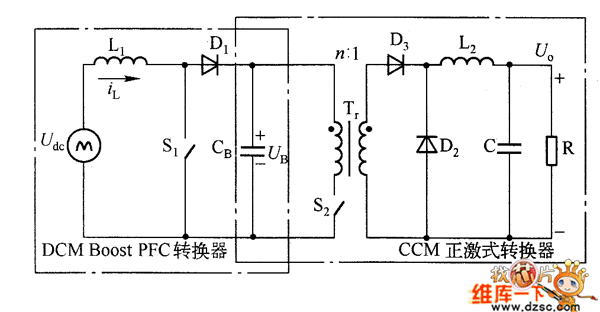CCM正激式转换器组合的两级转换器电路图