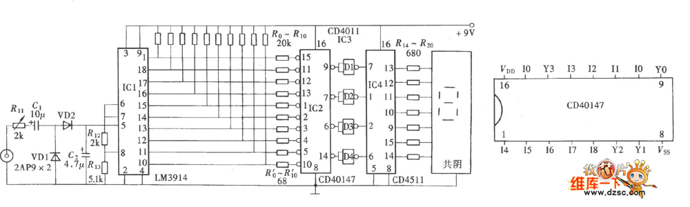 超级数字式电平显示器(CD40147、CD4511)电路图