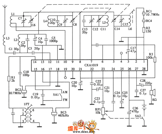 采用CXA1019的随身听收音电路图