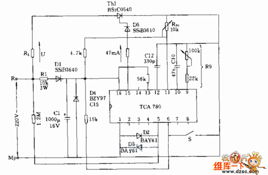 采用集成触发器TcA780的品闭管控制电路图