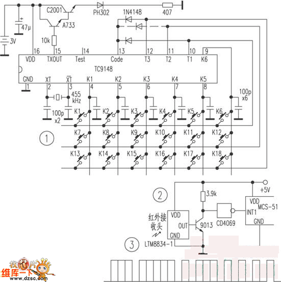 用ＴＣ９１４８遥控ＭＣＳ－５１单片机电路图