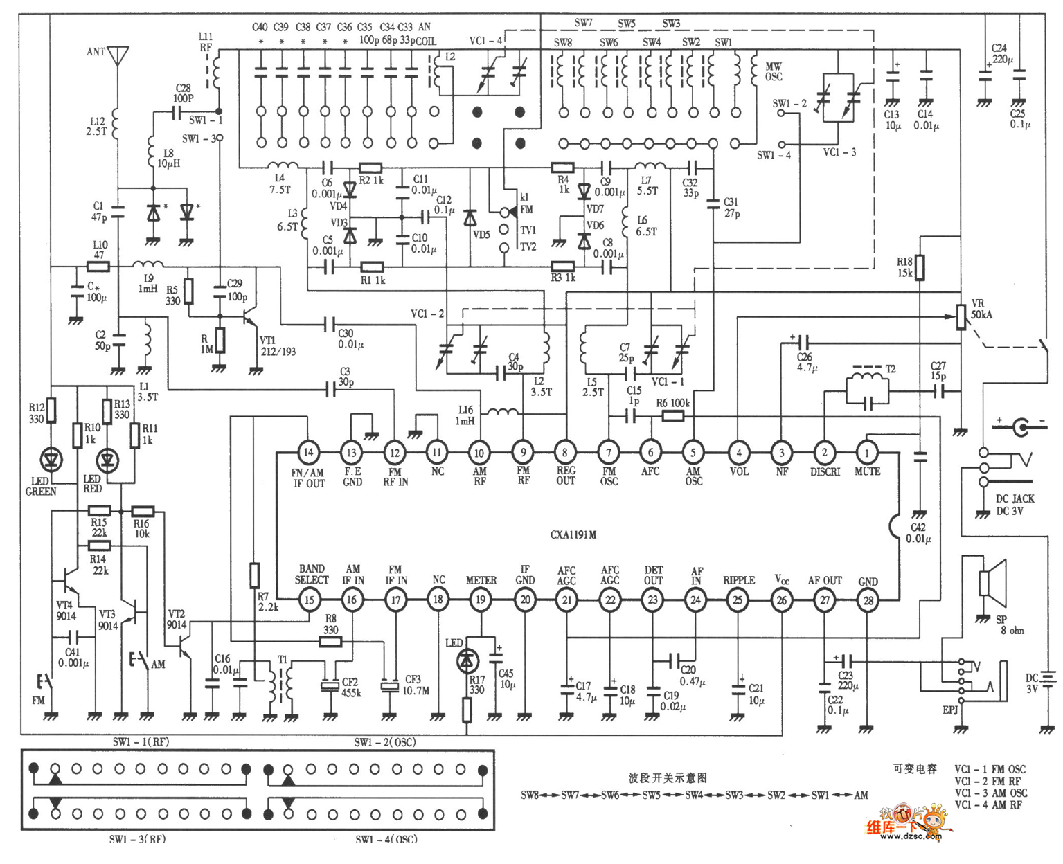 德生1012型12波段调频、中波、短波、电视伴音收音机电路图