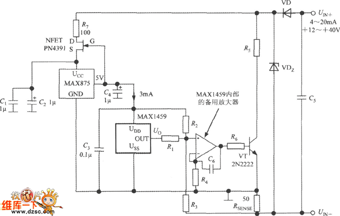MAX1459构成4～20mA电流变送器电路图
