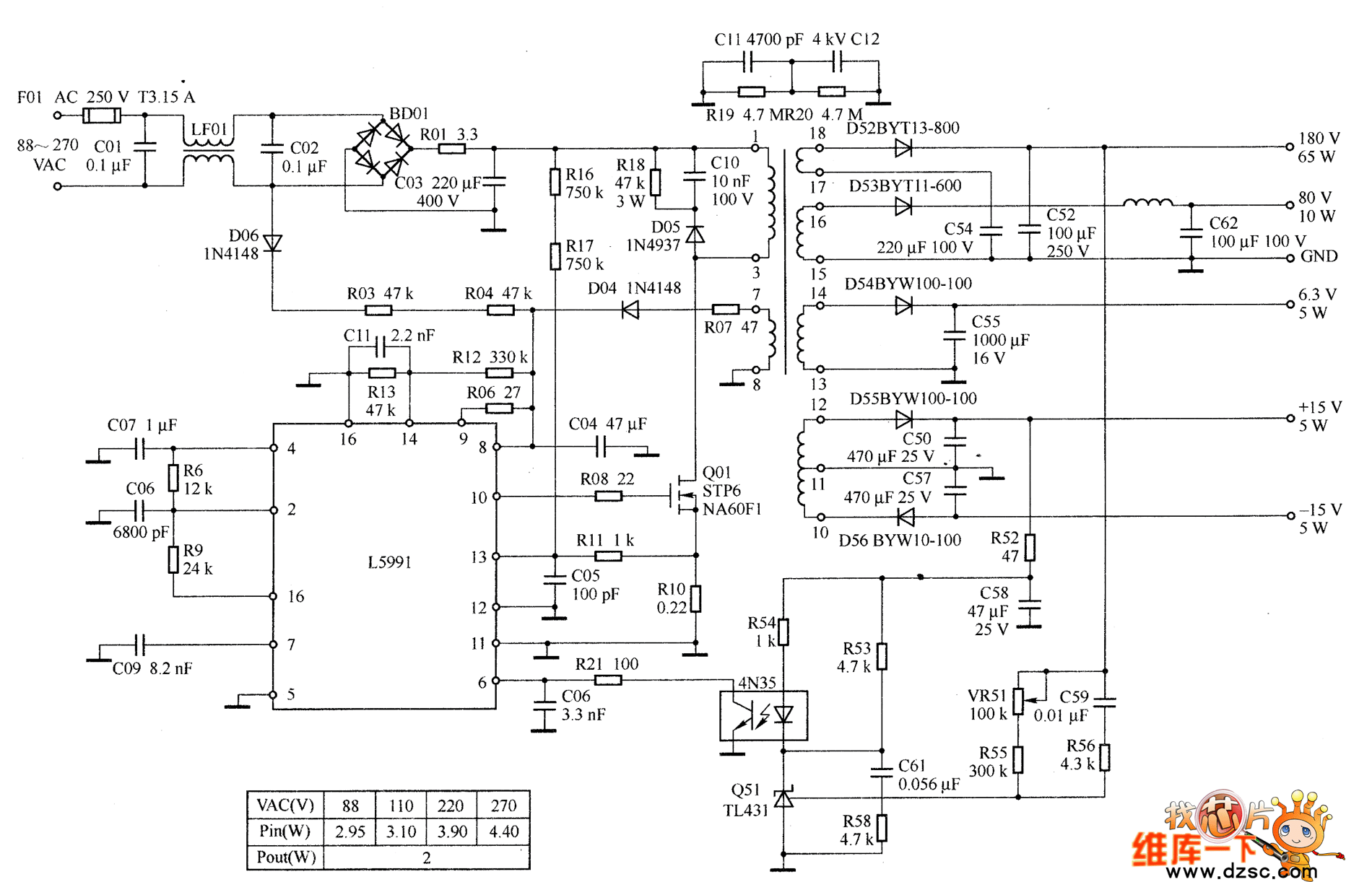 L5991在90 W计算机显示器电源中的应用电路图