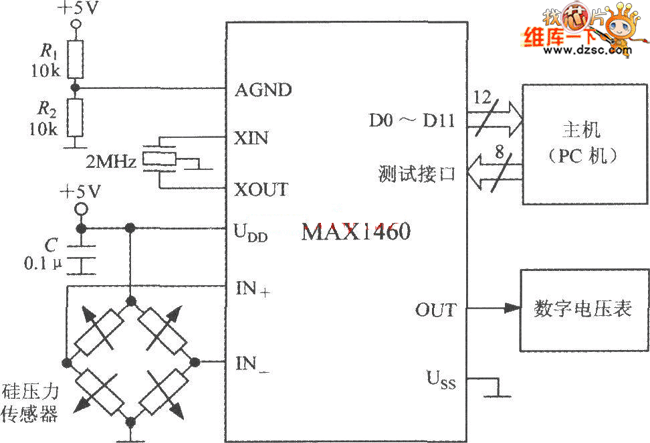 MAX1460和硅压力传感器构成的压力检测系统电路图