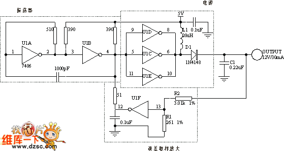 六反相器制作的DC/DC变换电路图