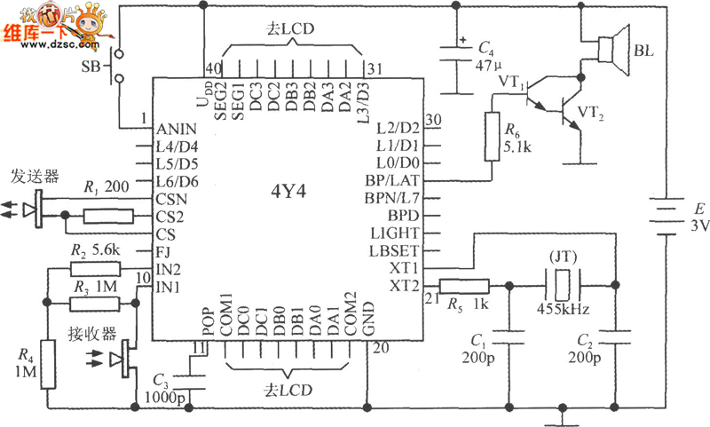 由智能化超声波测距集成电路 4Y4 构成单片液晶显示测距仪电路图