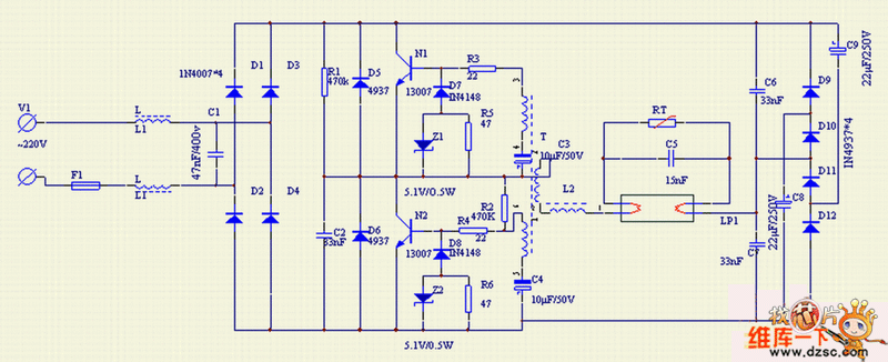 40W电子镇流器电原理电路图