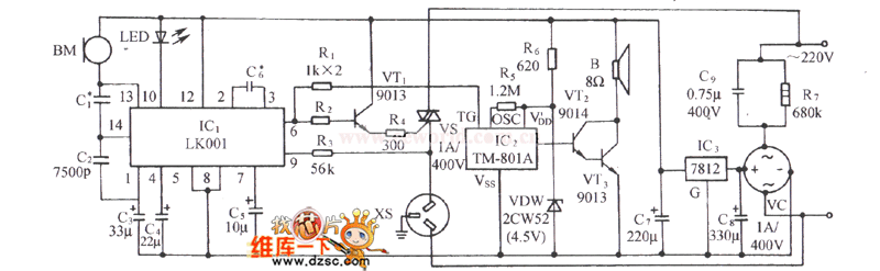 用LK001的选频声控音乐插座电路图(a)