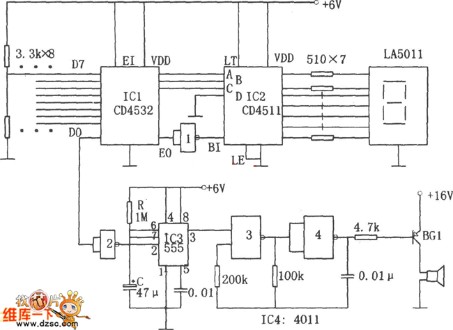 八路数字显示优先报警器电路图