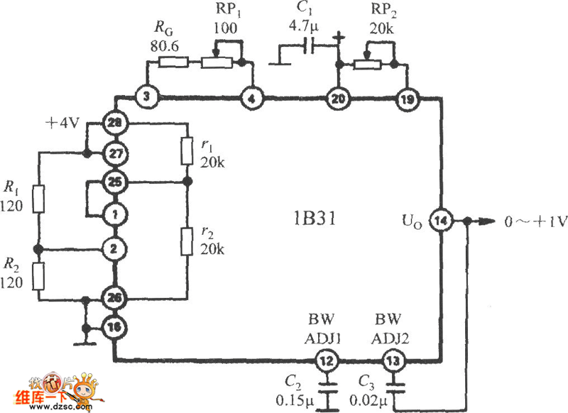 使用宽带应变信号调理器1B31内部半桥网络的应变仪电路图