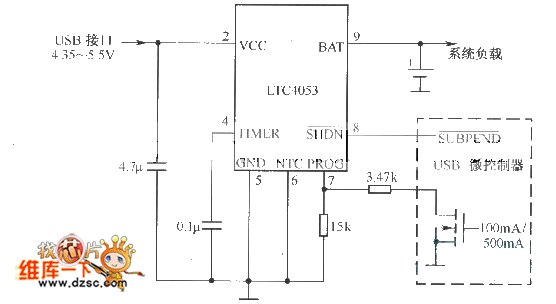 典型LTC4053 USB接口锂离子电池充电器电路图