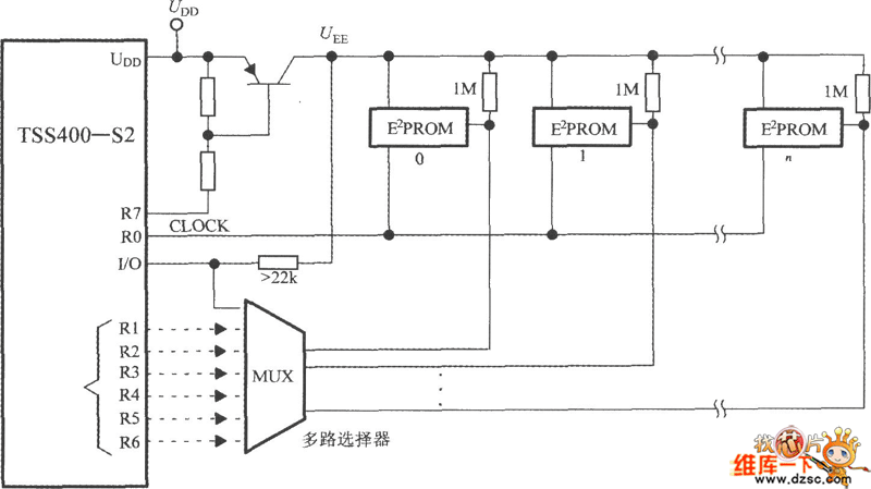 低功耗可编程传感器信号处理器TSS400-S2与E2PROM的接线图电路图