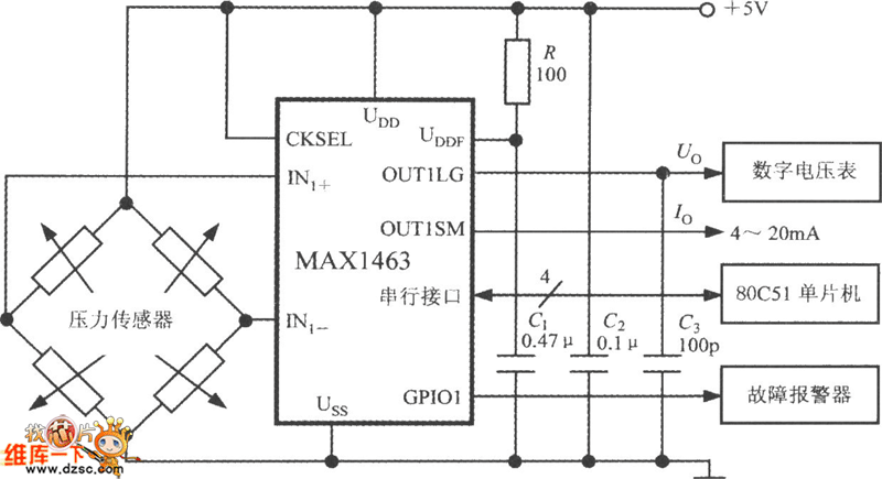 双通道智能化传感器信号处理器MAX1463构成的高压力检测系统的电路框图电路图
