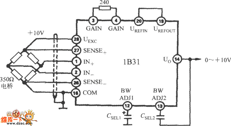 利用电容来降低截止频率（宽带应变信号调理器1B31）电路图