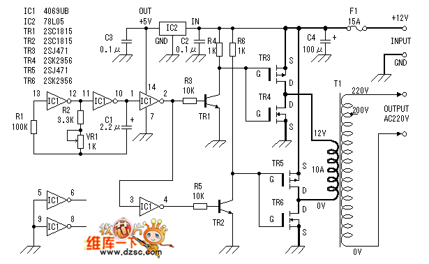 DC12V→AC220V逆变电路图